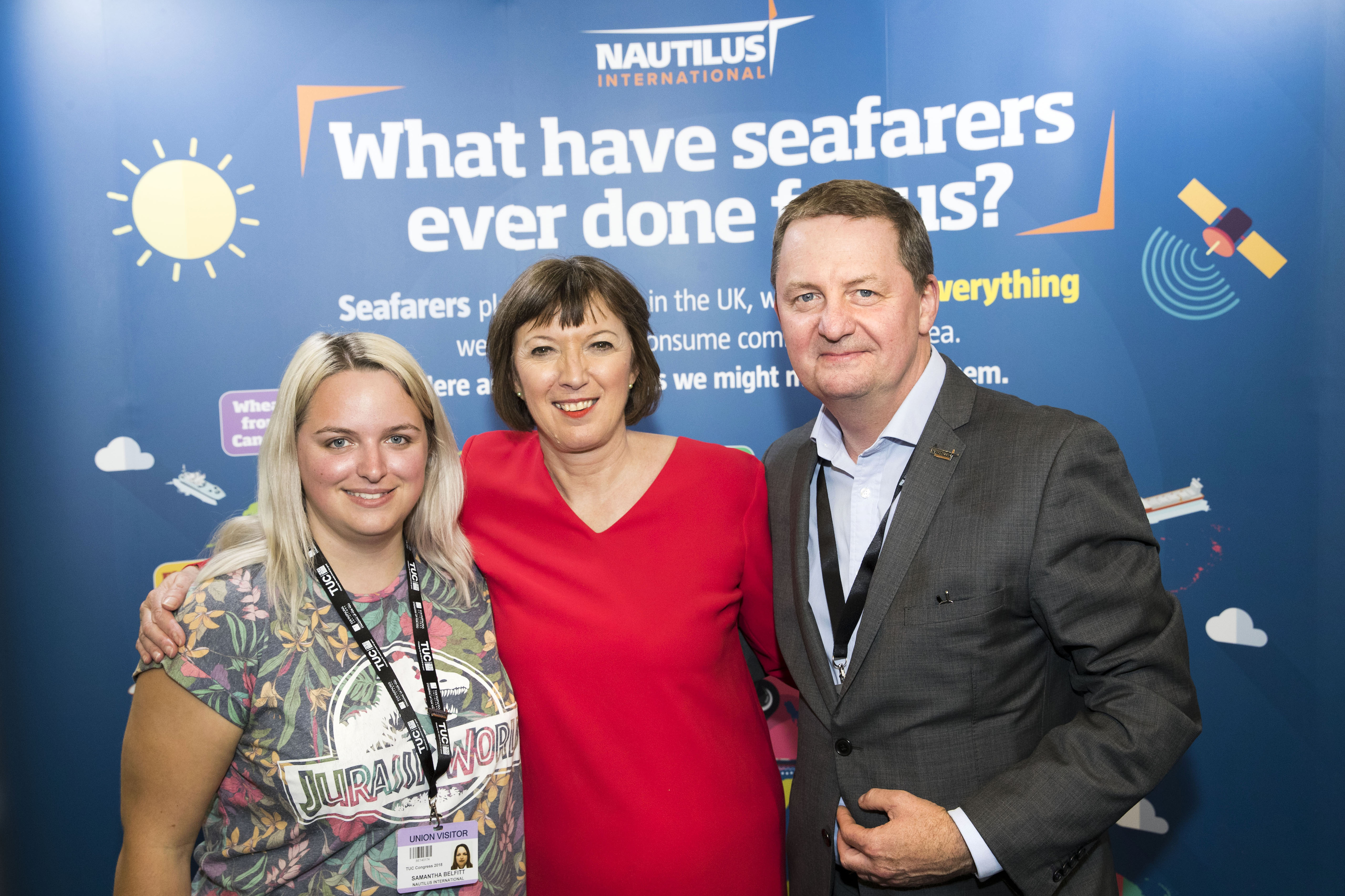 Image:Nautilus general secretary Mark Dickinson (right) with TUC general secretary Frances O'Grady (centre) and Samantha Belfitt, chair of the Nautilus Young Maritime Professionals Forum  Image: Jess Hurd