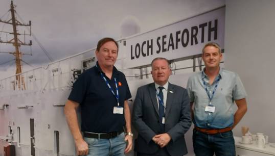 Image:Nautilus head of industrial Micky Smyth (centre) with liaison officers Captain Iain MacKenzie and Chief Engineer Daniel Wright. Image: Nautilus International