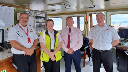 Image:From left to right: MV Isle of Arran’s captain, Jay Shibel; 3rd officer Rowanne MacLachlan; Nautilus head of Industrial Micky Smyth; and the vessel’s chief officer Edward MacLeod. Image: Nautilus International