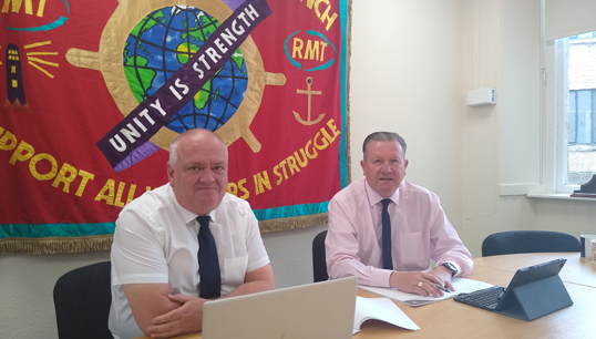 Image:Brian Reynolds, RMT CalMac convenor (left) and Nautilus head of industrial Micky Smyth meeting in the RMT's Glasgow officer to discuss concerns over the chartering of MV Arrow
Image: Nautilus International