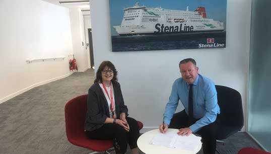 Image:Stena Line UK and Ireland employee relations manager Fiona Paton and Nautilus head of industrial Micky Smyth Nautilus at the signing of the updated Recognition and Procedural Agreement between the Union and the company.