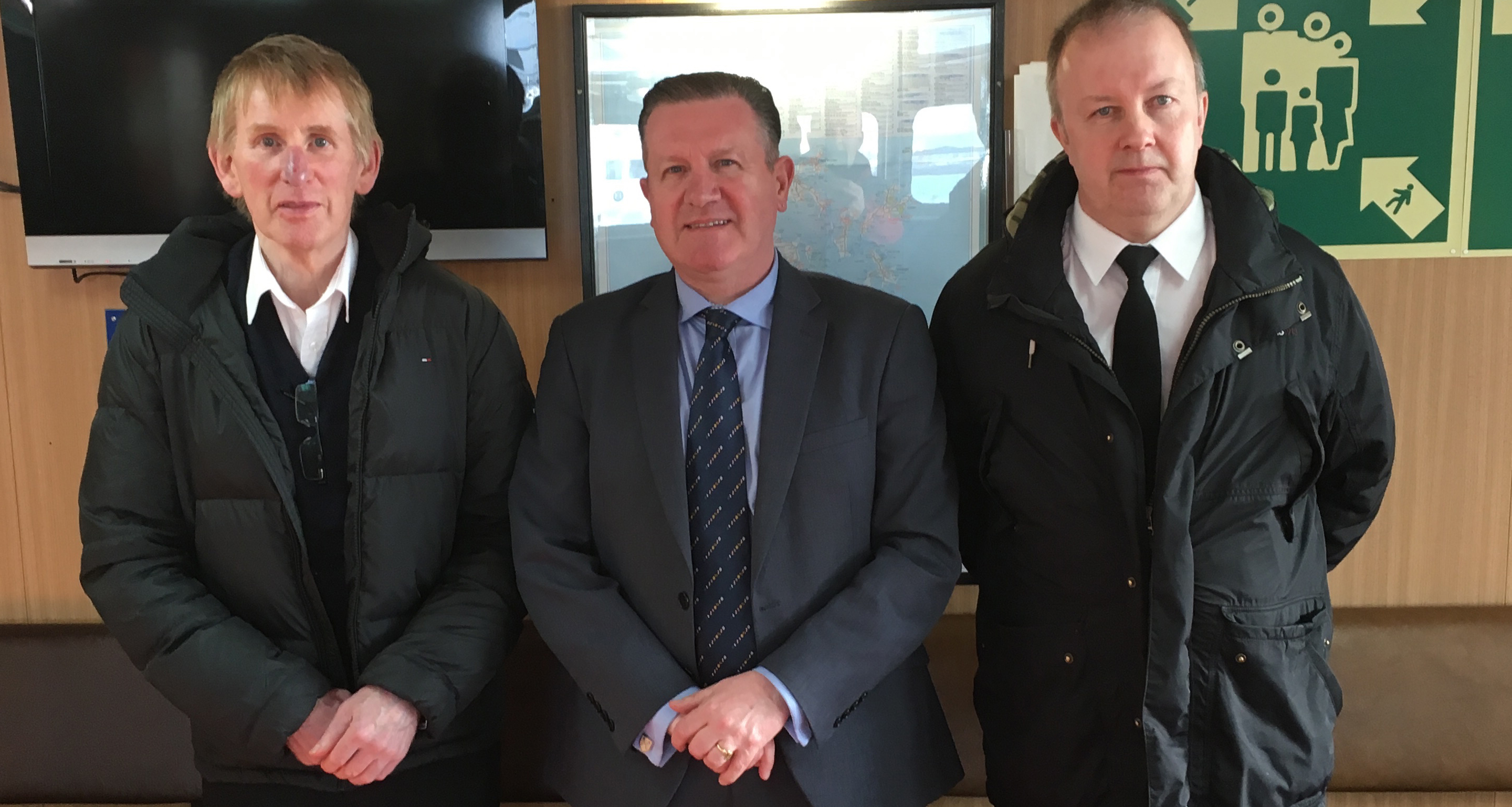 Image:Nautilus national ferry organiser Micky Smyth (pictured above, centre, with liaison officers Captain John Cowie, left, and Captain Davie Bruce, right).