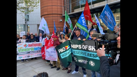 Image:International labour organisations and trade unions united to show their support for UK ferry workers at the protest, which took place at the London headquarters of P&O Ferries' parent company DP World on Thursday 21 April 2022. Image: ITF