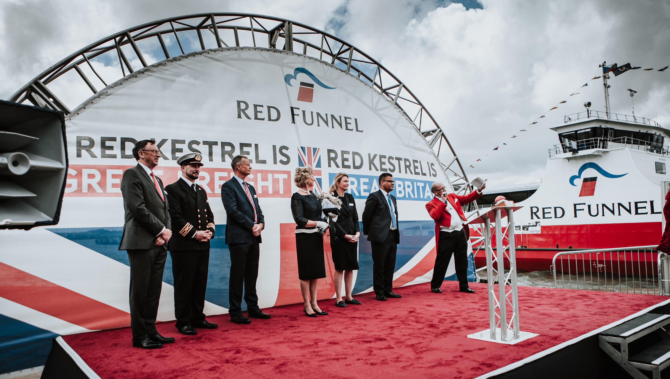 Image:The Southampton naming ceremony for Red Funnel's new freight ferry Red Kestrel on 25 April 2019. The vessel's commander, Captain Ned Tutton, is pictured second from left. Image: Red Funnel