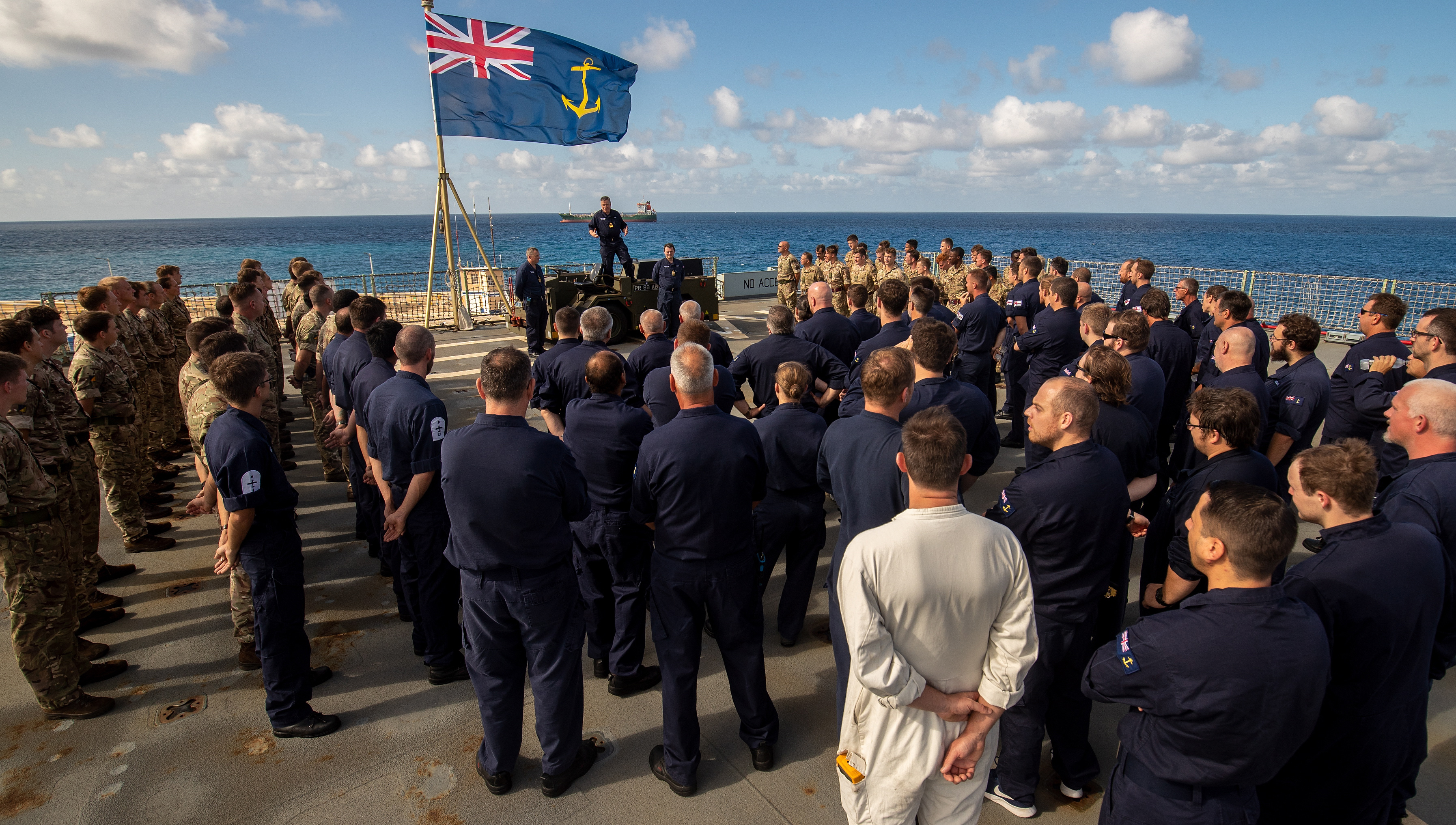 Image:RFA Mounts Bay crew addressed by Commodore Lamb in Barbados. Image: RFA