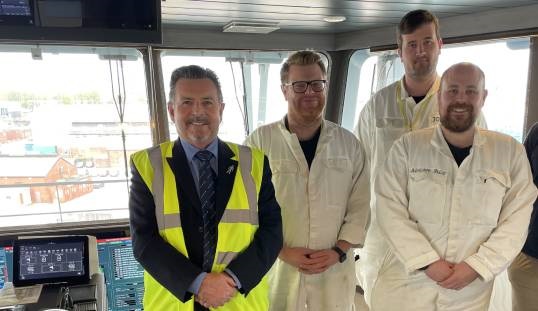Image:Nautilus International national organiser Steve Doran, left, with crew onboard the Proteus. Image: Nautilus International