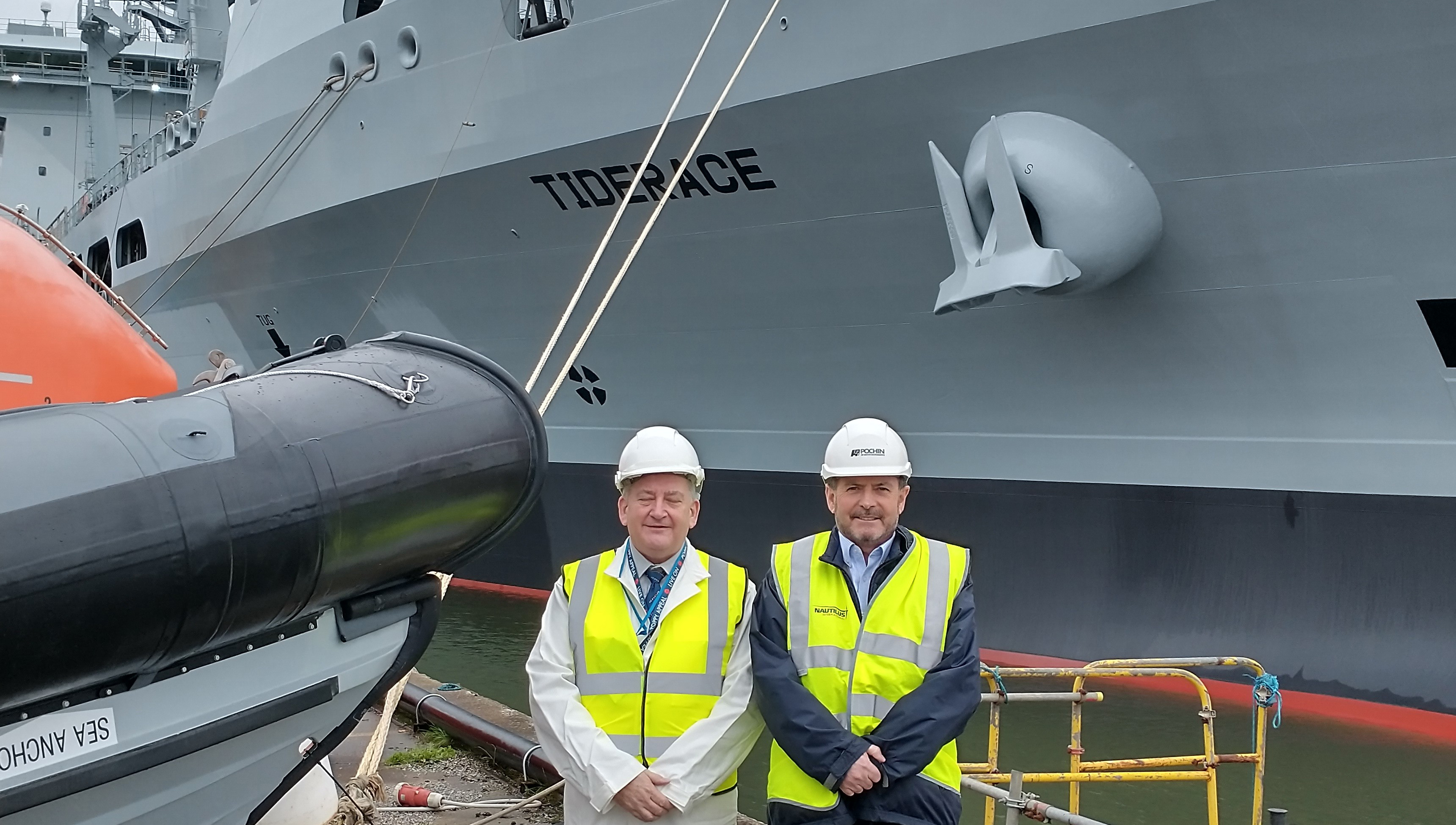 Image:From left: RFA Liaison officer Dave Gatenby and Nautilus national organiser Steve Doran during a visit to Tide Race,one of three vessels visited in March.