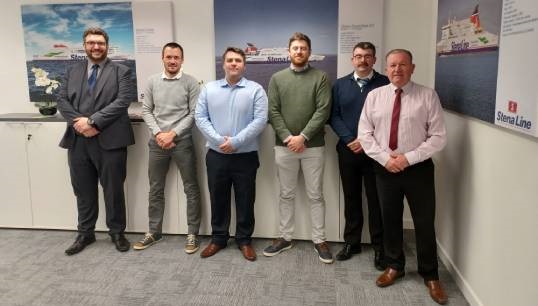 Image:Left to right: Nautilus strategic organiser Grant Mudie; liaison officers Gareth Battersea, Russell Marshall, Barry Mullins and John Mallalue; and Nautilus head of industrial Micky Smyth at the negotiations. Image: Nautilus International
