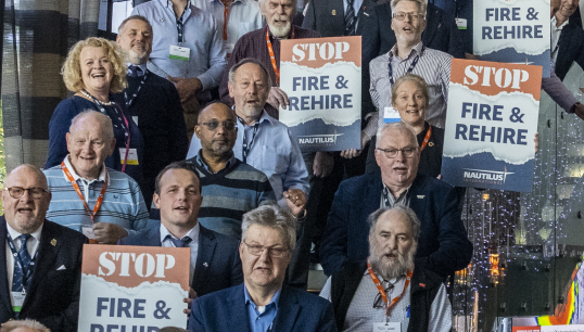 Image:Members at Nautilus's General Meeting showing support for those threatened with fire and rehire. Image: Brad Wakefield