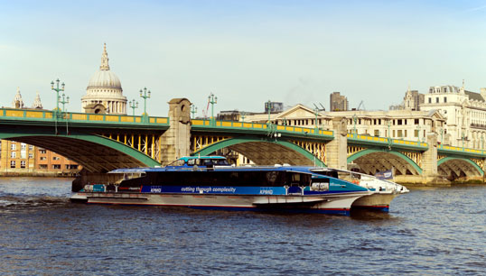 Image:A Thames Clippers vessel at Southwark Bridge near St Paul's Cathedral  on the River Thames. Image: Getty Images.