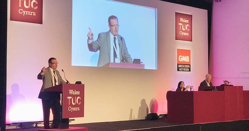 Image:National ferry organiser Micky Smyth addresses the Wales TUC conference during May.