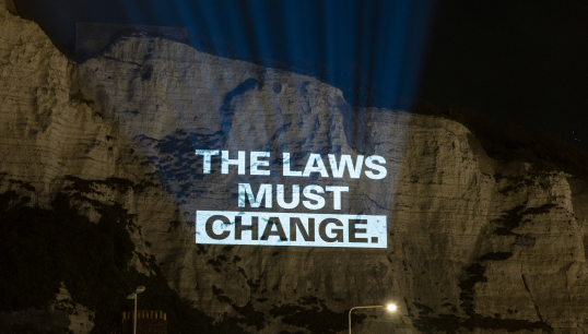 Image:Unions shared a message of defiance across the white cliffs of Dover and P&O Ferries headquarters. Image: ITF / ETF / Nautilus International / RMT