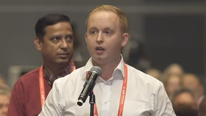 Image:Nautilus international organiser Danny McGowan speaks to a diversity motion at the ITF conference in 2018.