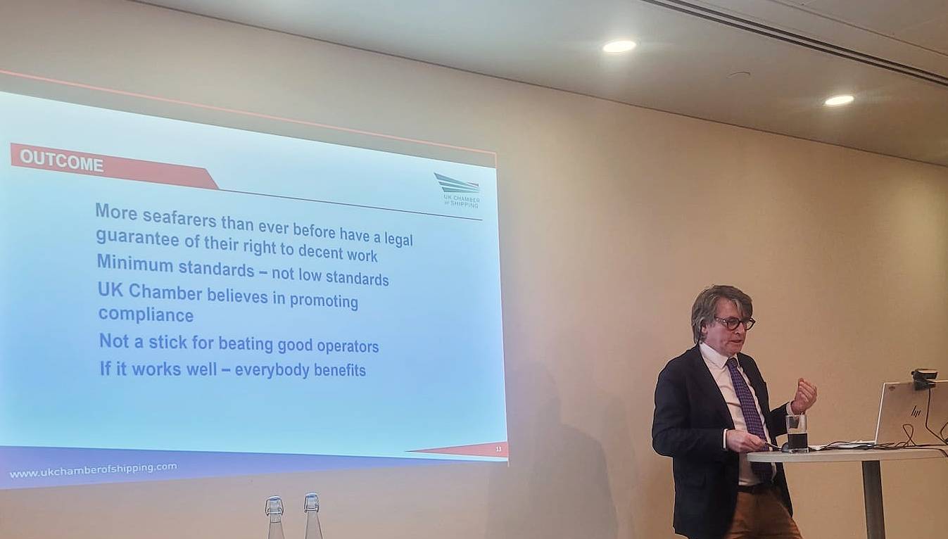 Image:Nautilus director of legal services Charles Boyle speaking at the MLC 10th anniversary event in London in January 2025. Image: Zodiac Maritime