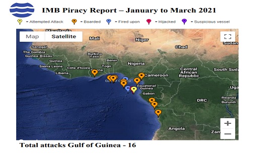 Image:Map of attacks in the Gulf of Guinea from the IMB's Piracy report for Q1 of 2021. Image: International Maritime Bureau (IMB)
