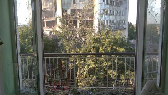 Image:Aftermath: a view from inside the Izmail Seafarers' Centre which received collateral damage, after appearing to be caught up in a drone hit on the Danube Shipping Company building opposite the centre (seen through the window). Image: ITF Seafarers Trust/MTWTU