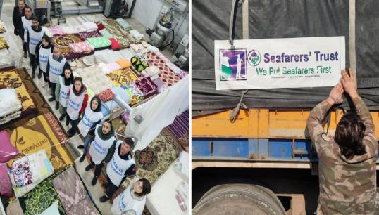 Image:Earthquake response (from left): Volunteers from the union Liman-Is which has a base in Mersin port, close to Gaziantep . A volunteer from the Lebanese Seamen's Sydicate loads goods for delivery to Syria. Image: ITF Seafarers' Trust