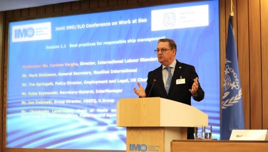 Image:Nautilus general secretary Mark Dickinson speaking during the joint IMO/ILO Conference on Work at Sea.  Images: IMO