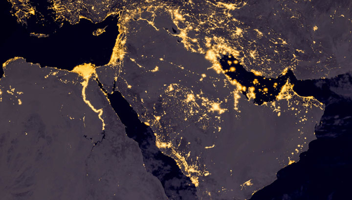 Image:Aerial map of the Middle East at night. Image: Gettty