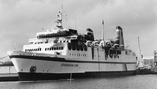 Image:Scandinavian Star in Lysekil harbour, Sweden. Some 157 passengers and two crew members lost their lives in the fire on 7 April 1990. Image: Terje Fredh / Sjöhistoriska museet/Wikimedia Commons
