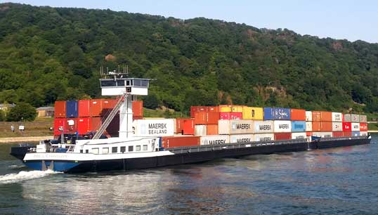 Image:Barges such as this one on the River Rhine in Germany will in future have their crewing regulated by Europe-wide legislation.  Image: Partonez/Wikimedia Commons