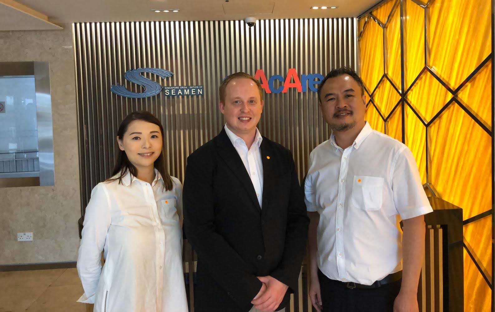 Image:Nautilus Federation coordinator Danny McGowan on a previous visit to Singapore SOS headquarters with SOS colleagues from left Sharon Li and  Daniel Tan, SOS general secretary. Image: Nautilus International