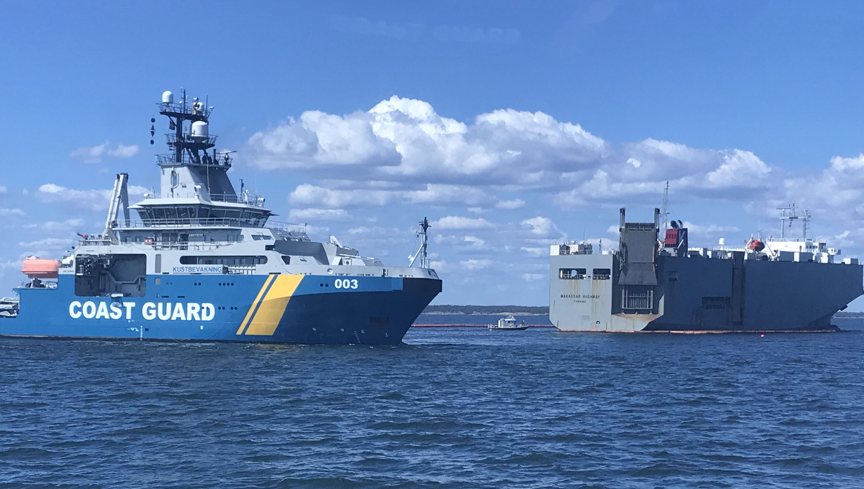 Image:The Swedish Coast Guard with the Panama-flagged Makassar Highway. Image: Swedish Coast Guard.