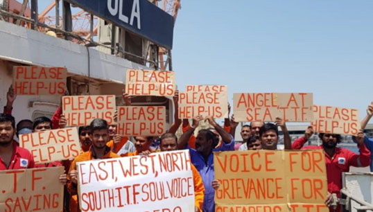 Image:In a desperate effort to get off the bulk carrier Ula abandoned 11 months ago some crew are on a hunger strike. Image: ITF 