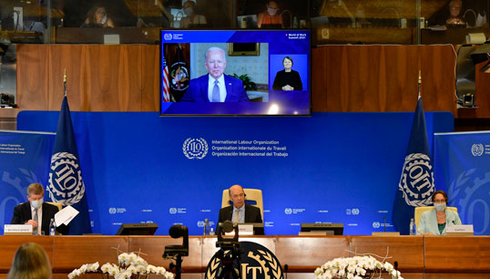 Image:'America stands with you': US President Joe Biden in his special  video address during the first part of the World of Work Summit. Image: Marcel Crozet / ILO