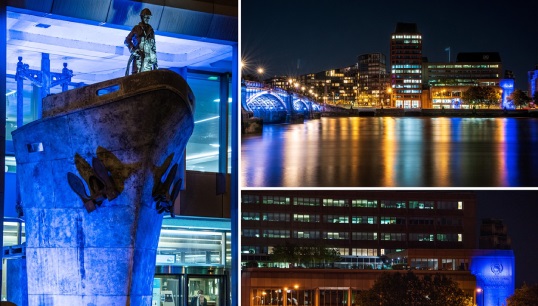 Image:IMO HQ  and other London landmarks are lit with blue lights during World Maritime Day in 2023. Image: IMO Flickr