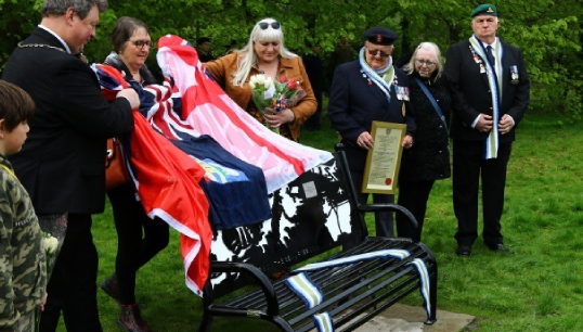 Image:Honoured guests at the unveiling of the new Falklands memorial bench in Hull. Image: Jon Purkis