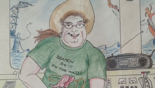 Image:A cartoon of Mac McGill drawn by one of his crew members, which reflected his sense of humour. Image: courtesy of Carole McGill