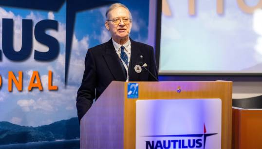 Image:Captain Malcolm Graves proposing a motion supporting the right to strike at the Nautilus UK Branch Conference in November 2022. Image: Brad Wakefield