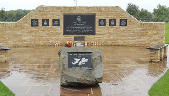 Image:The South Atlantic Memorial at the National Memorial Arboretum, where a service will be held on 14 June 2022 to commemorate the 40th anniversary of the Falklands conflict ceasefire.   Image: Merchant Navy Welfare Board