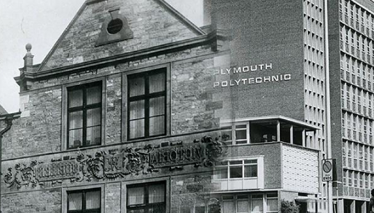 Image:Composite picture of the old Plymouth School of Navigation and the school's next incarnation as Plymouth Polytechnic. Image: University of Plymouth
