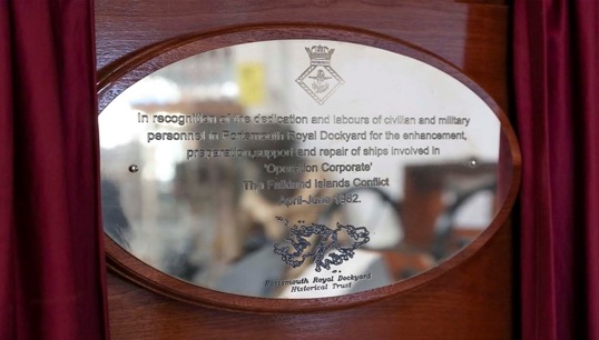 Image:A plaque recognising the work of dockyard workers at HM Naval Base Portsmouth for their achievements during the Falklands Conflict in 1982. Image: Andrew Cave 