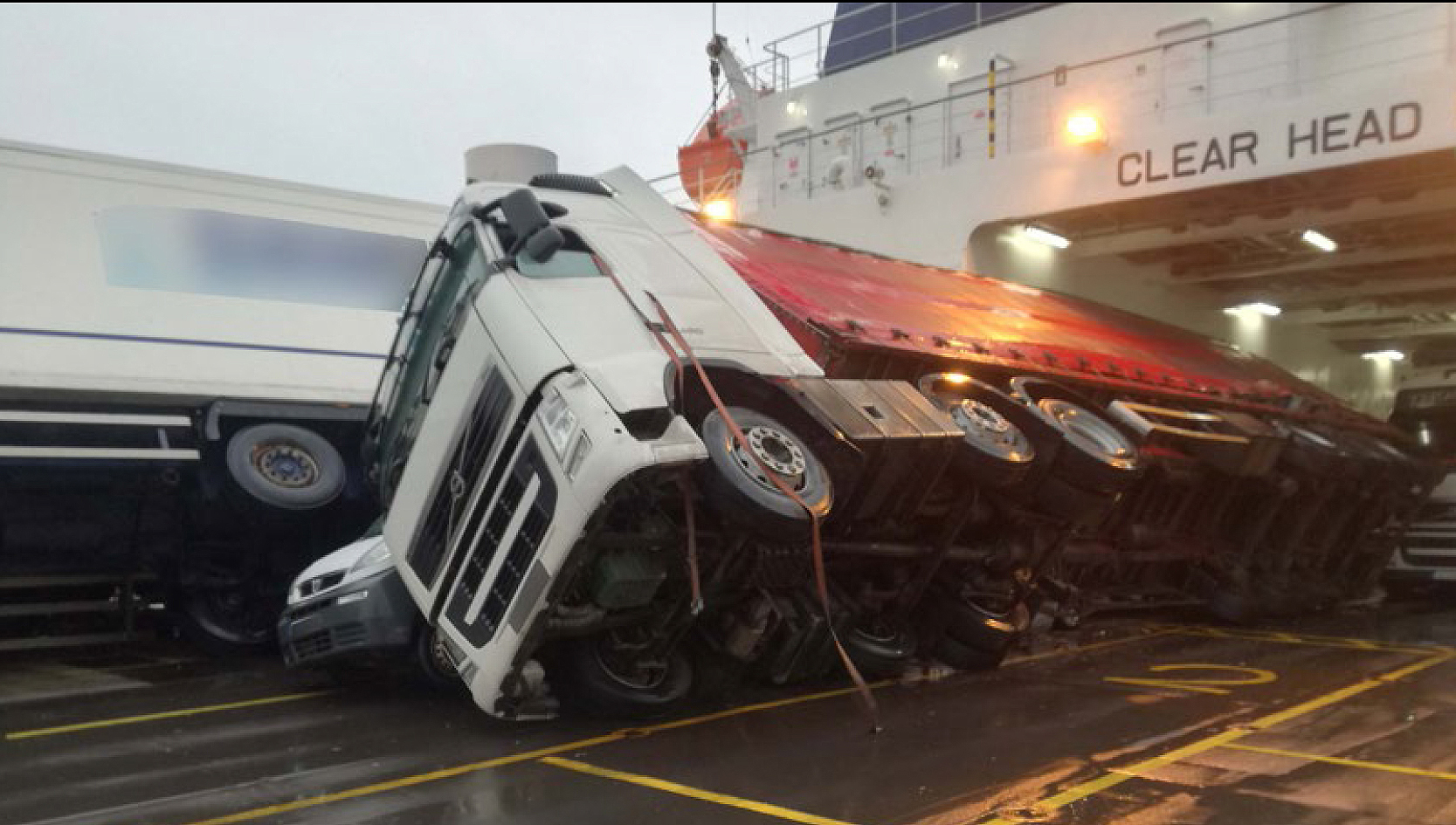 Image:Nine lorries toppled over when the P&O ferry European Causeway encountered heavy weather during a crossing between Larne and Cairnryan in December 2018.