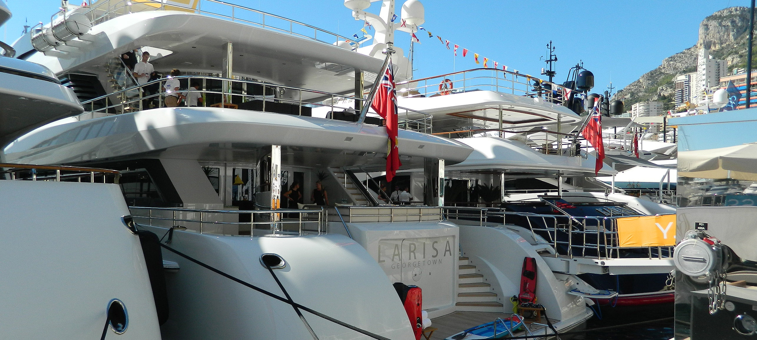 Image:The Cayman Islands-flagged vessel Larisa berthed in Port Hercules at the Monaco Yacht Show 2018.