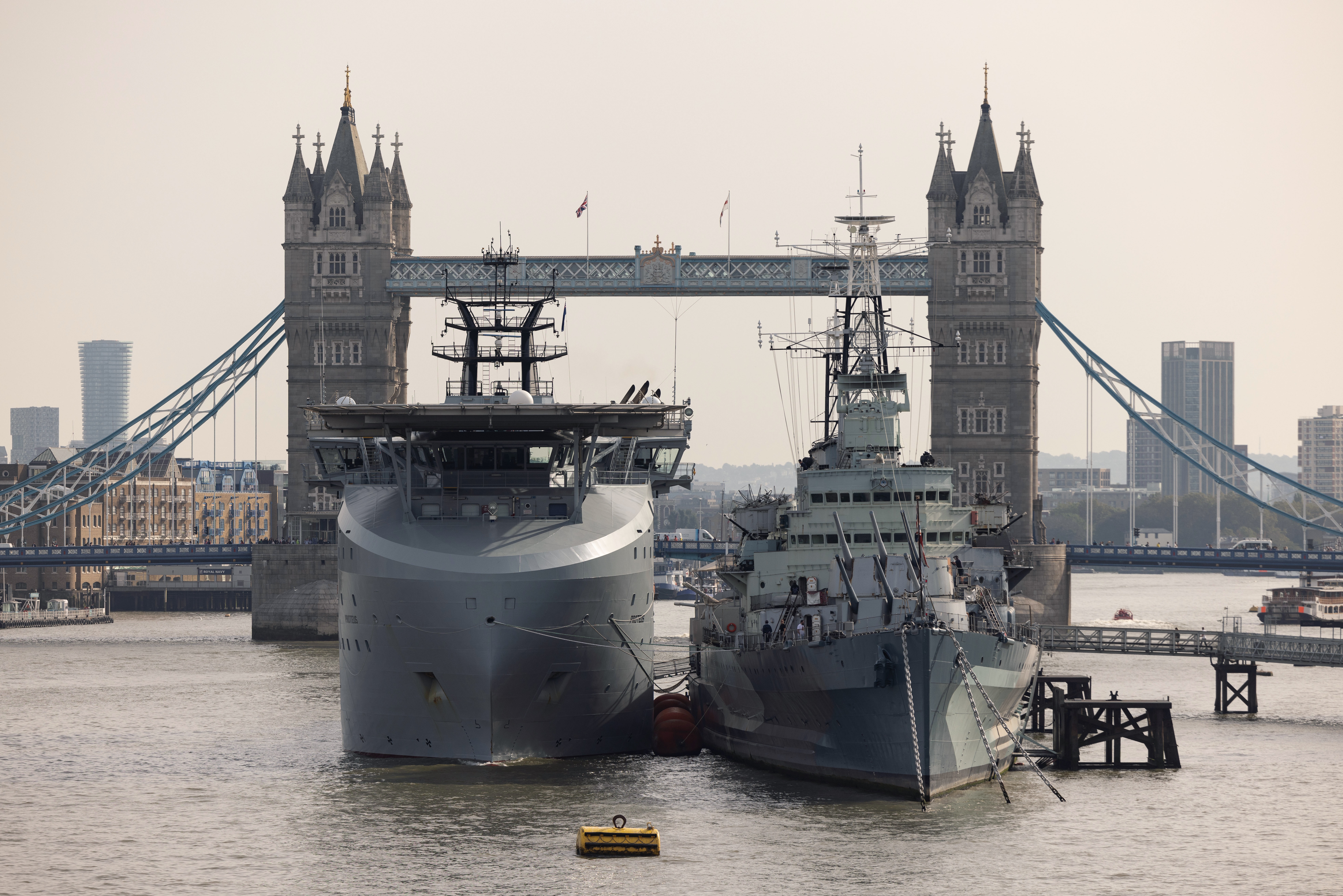 Image:RFA Proteus alongside HMS Belfast in London, on Monday 9 October 2023, ahead of its Service of Dedication on Tuesday 10 October 2023.