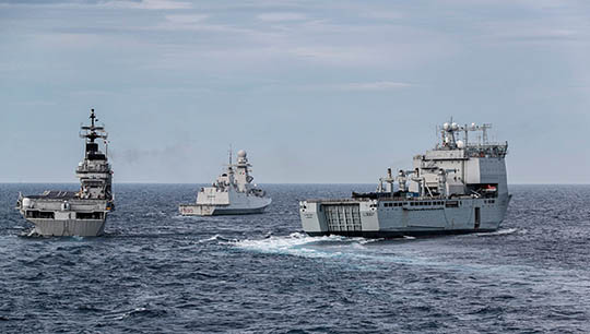 Image:UK flagship HMS Albion and supporting amphibious ship RFA Lyme Bay with the ITS Guiseppe Garibaldi in the central Mediterranean. Image: Royal Navy, Facebook
