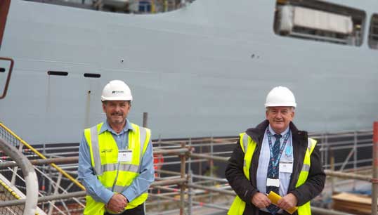 Image:Nautilus liaison officer Dave Gatenby and Union national organiser Steve Doran on a previous ship visit to RFA Wave Knight.