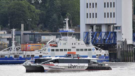 Image:Uber Boat - first day for rebranded Meteor Thames Clippers vessel at Woolwich Pier, credit Twitter Andrew Christy