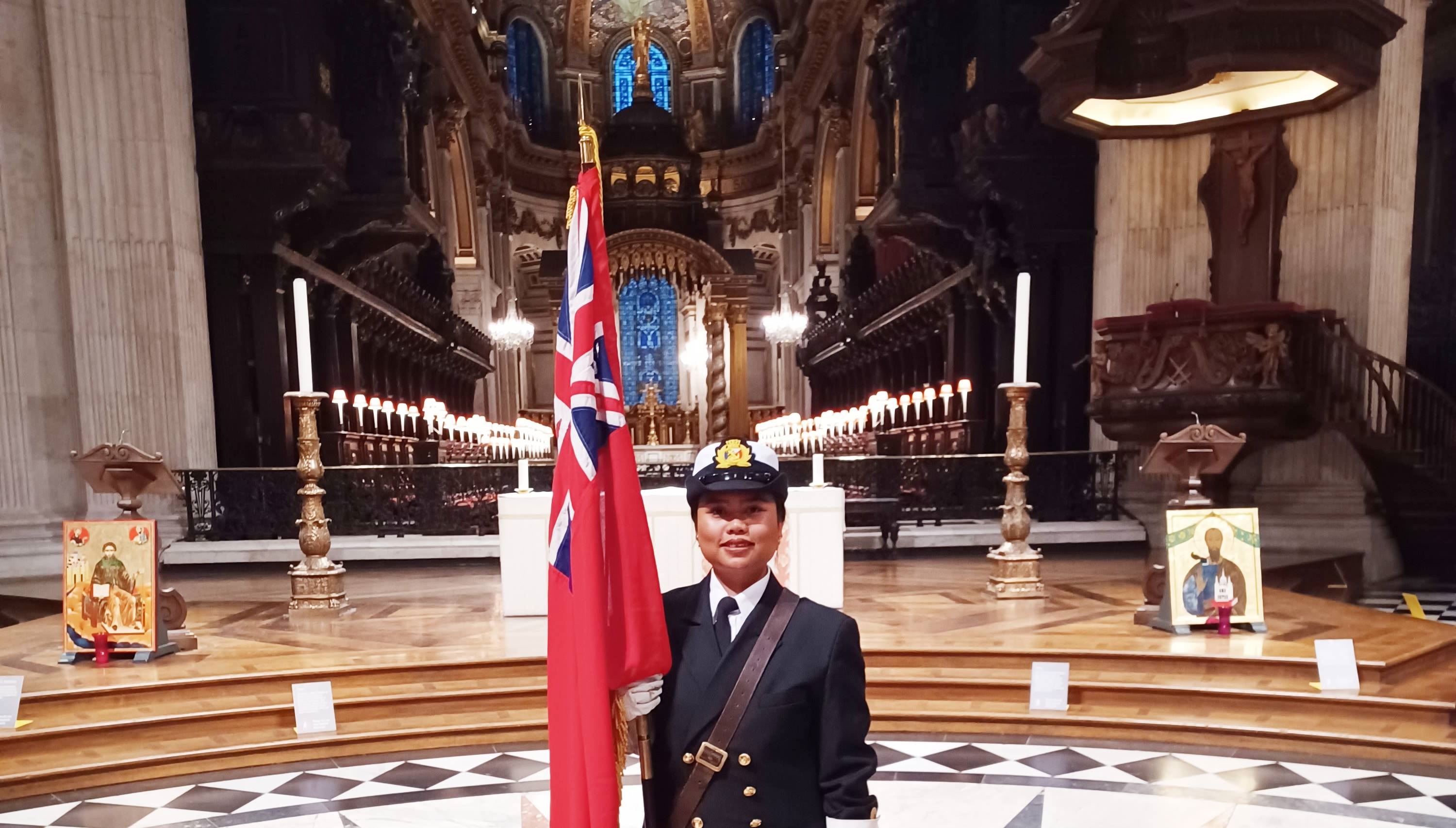 Image:Molvipa Takhiansok, a Nautilus Bevis Minter Award recipient in 2023, carried the Merchant Navy standard at the service. Images: Nautilus International