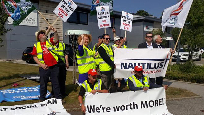 Image:Nautilus Aberdeen action against Borr Drilling's redundancy package is supported by representatives of the offshore Co-ordinating Group (RMT and Unite).