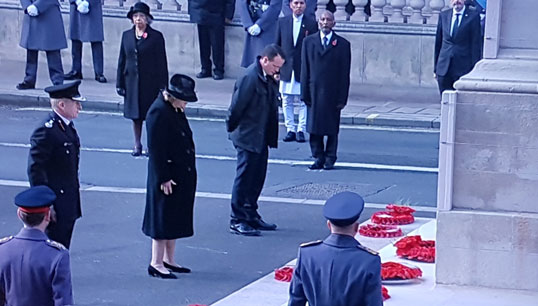 Image:Nautilus professional and technical officer David Appleton (far right) at the Cenotaph flanked by Minnie Churchill, representing the Air Transport Auxiliary and Roy Wilsher, representing the civilian services.