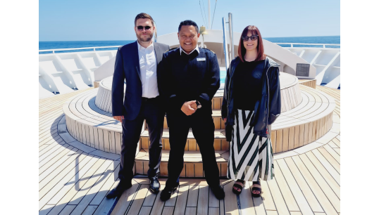 Image:Nautilus strategic organisers John Coppell (left) and Rachel Lynch (right) with a crew member onboard the Windstar Cruises vessel Star Legend. Image: Nautilus International