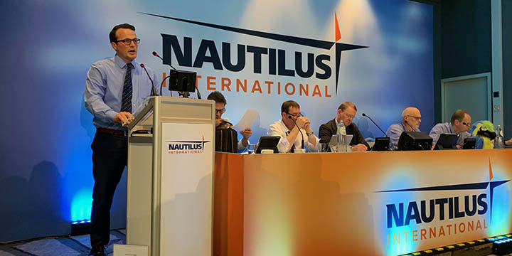 Image:Nautilus professional and technical officer David Appleton proposes the Senior Electro-Technical Officer motion to GM19