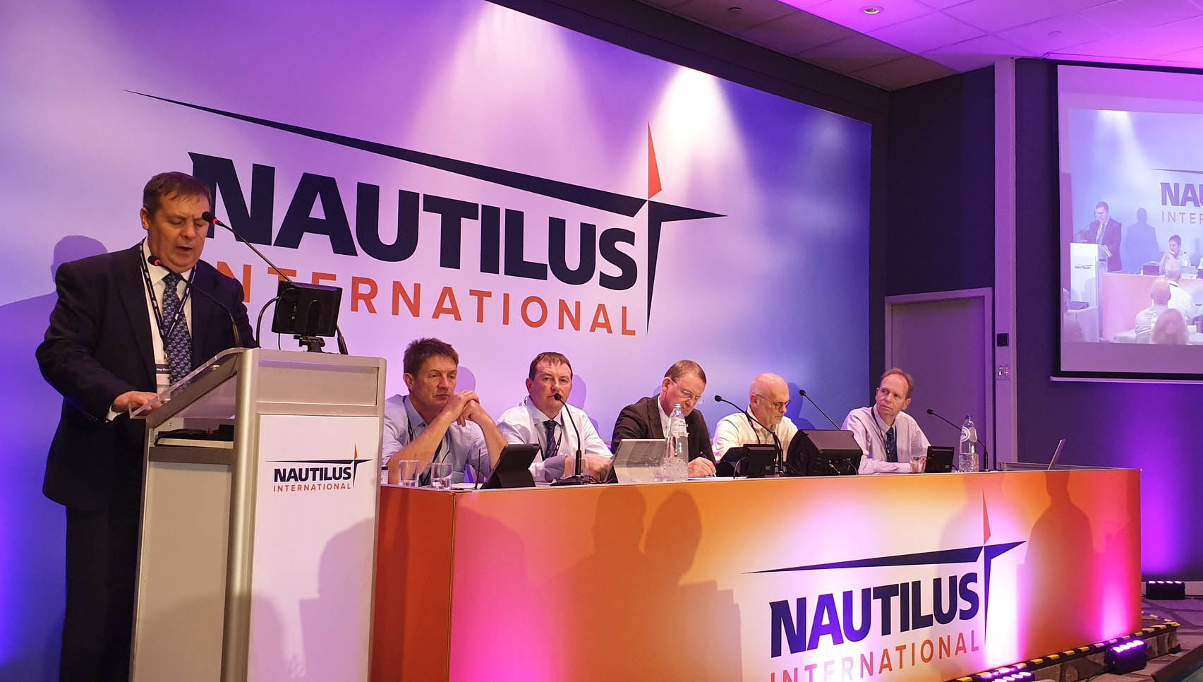 Image:International Chamber of Shipping secretary general Guy Platten speaking to the 2019 Nautilus General Meeting in Rotterdam