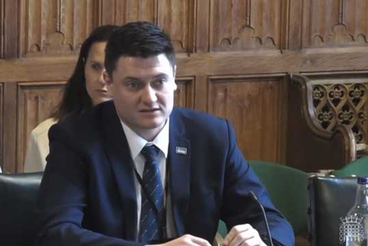 Image:Nautilus executive officer Martyn Gray giving evidence at the UK Transport Select Committee. Image: Parliamanent Live TV