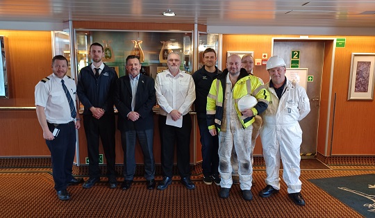 Image:Nautilus members and national organiser Steve Doran aboard the MV Hamnavoe in Orkney for pay, terms and conditions negotiations. 